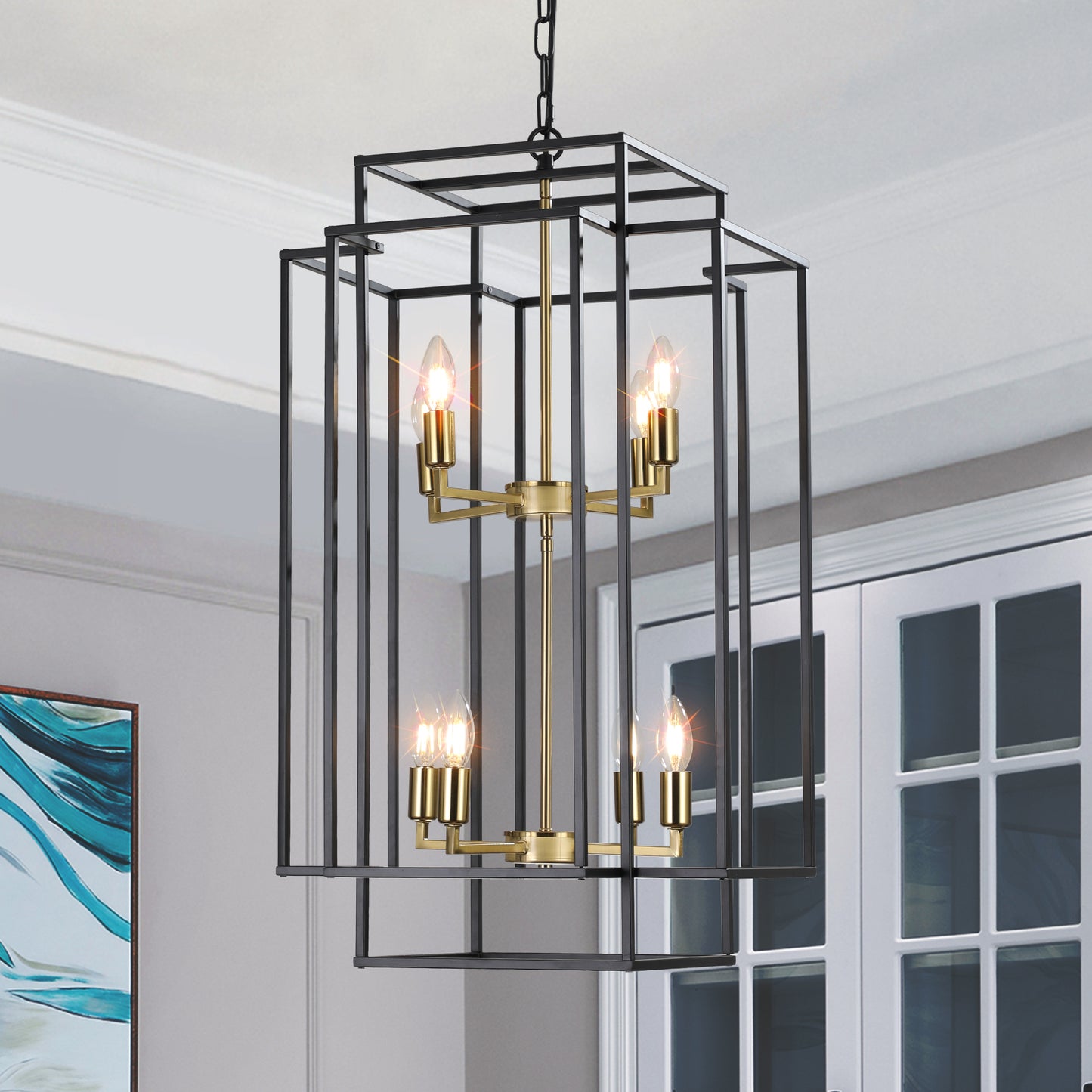Jemani Industrial Metal Frame Pendant Chandelier | 8 Light Sources | Black & Gold - Default - chandeliers