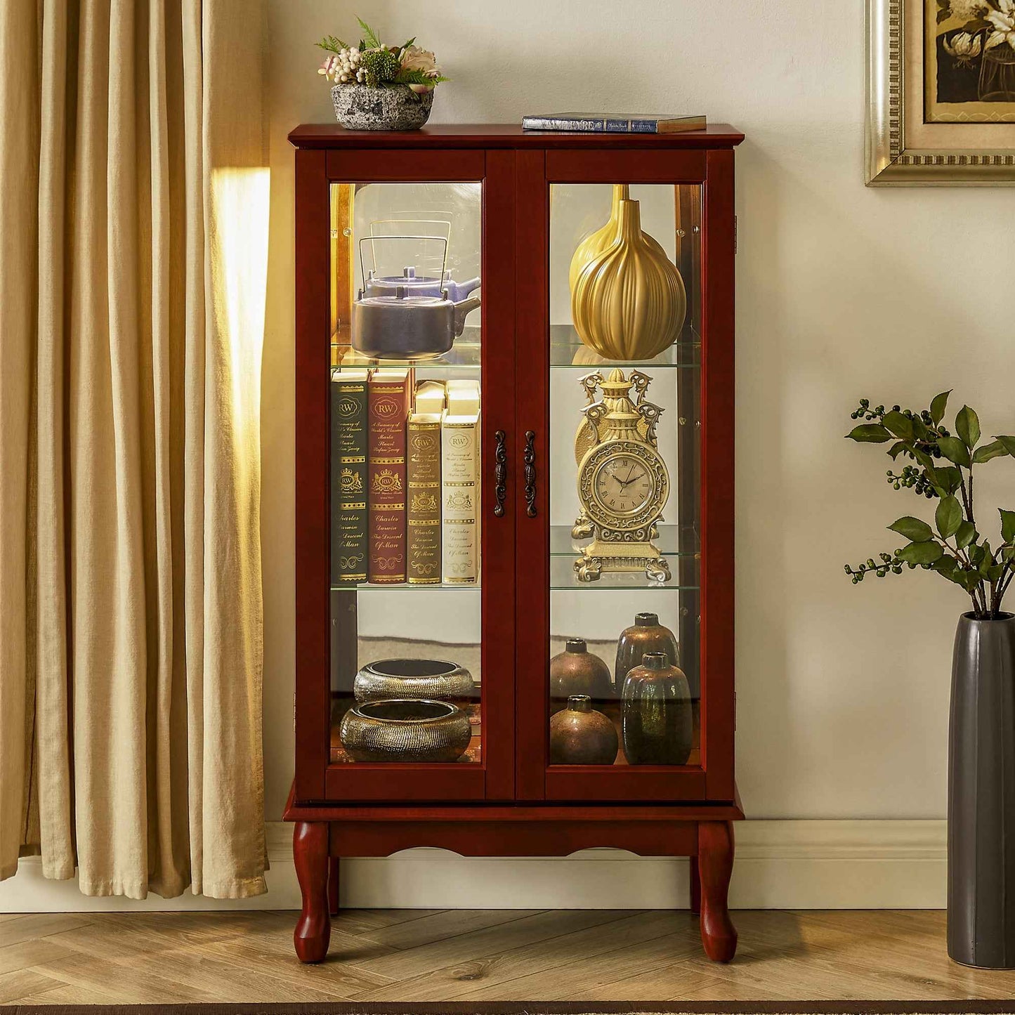 Curio Tempered Glass Cabinet | Cherry Brown - - brown cabinet wood