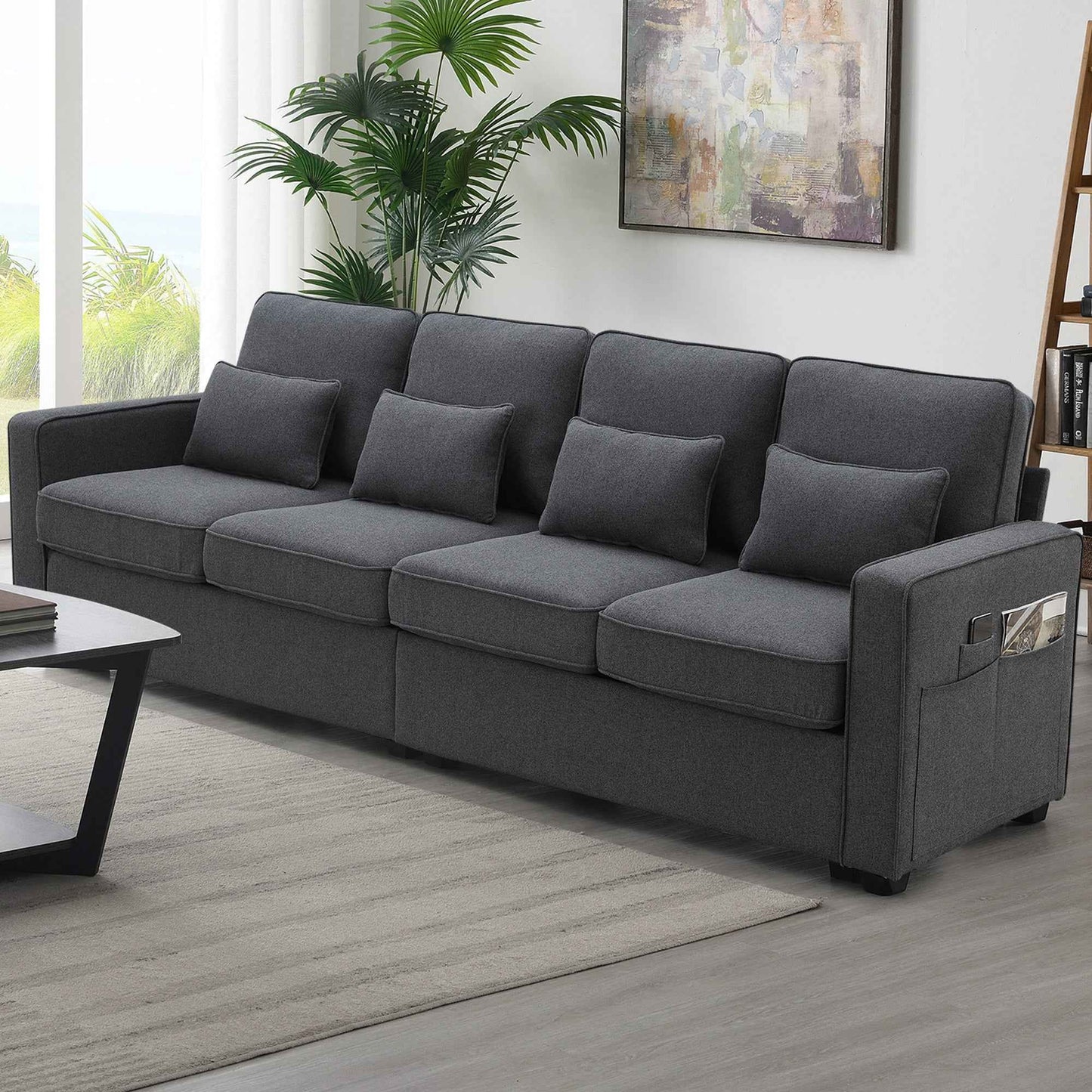 Belaxe 104" 4-Seater Modern Fabric Sofa | Dark Grey - - sofa
