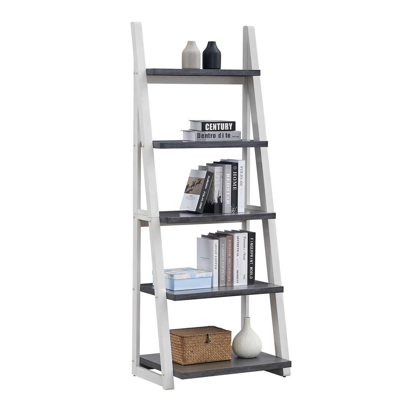 Satomi 5-Tier Bookcase | Grey & White - - bookcase grey white wood