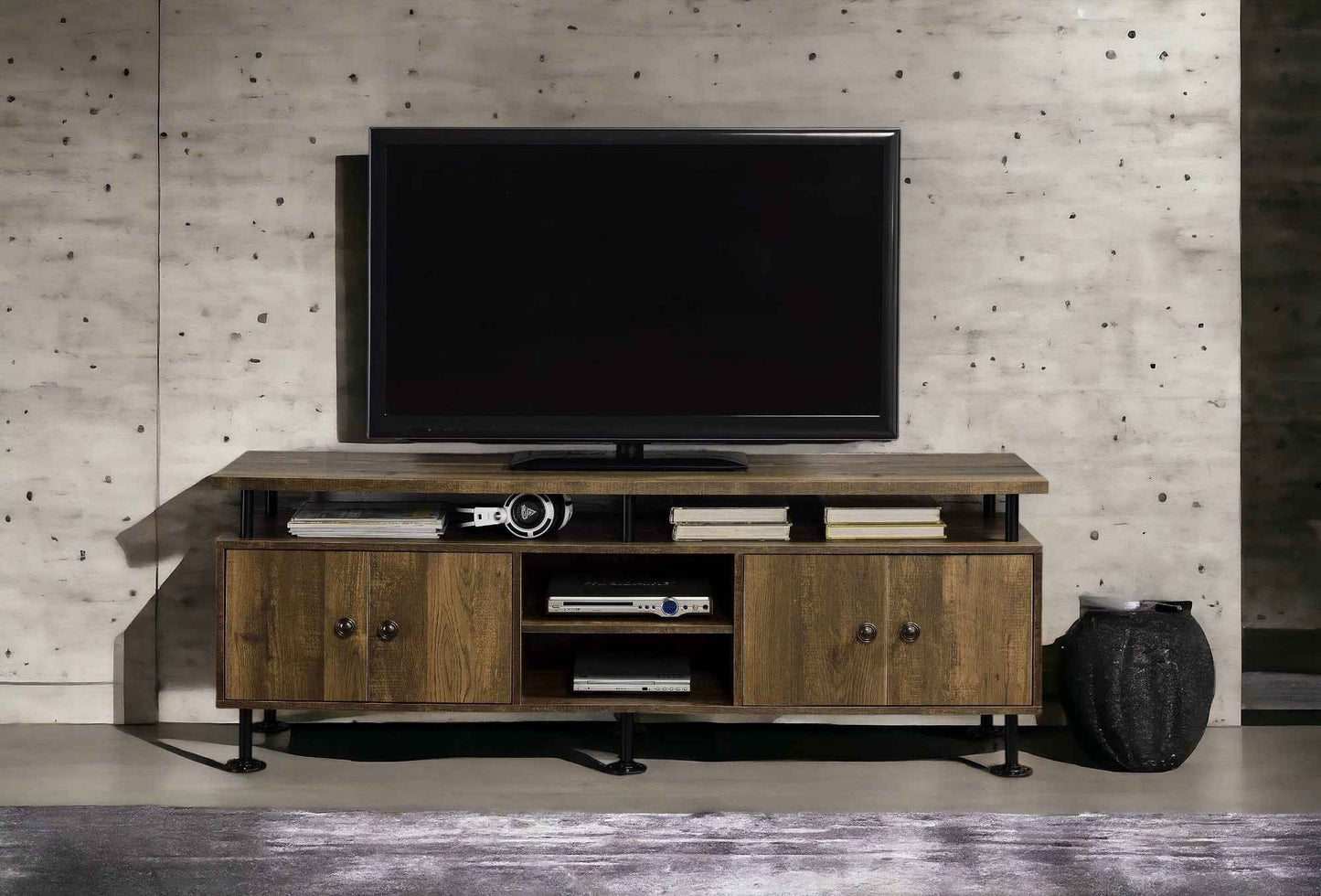 Ensata Rustic Industrial TV Storage Table | Oak & Black - Default - tv console