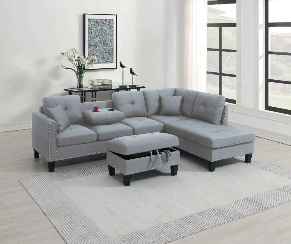 Alger 3pc Modern Sectional Sofa | Storage Ottoman | Grey Linen - - sofa