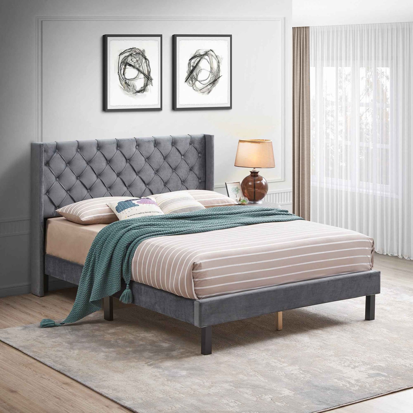 Dandil Button Tufted Queen Size Bed | Gray Velvet - Default - beds