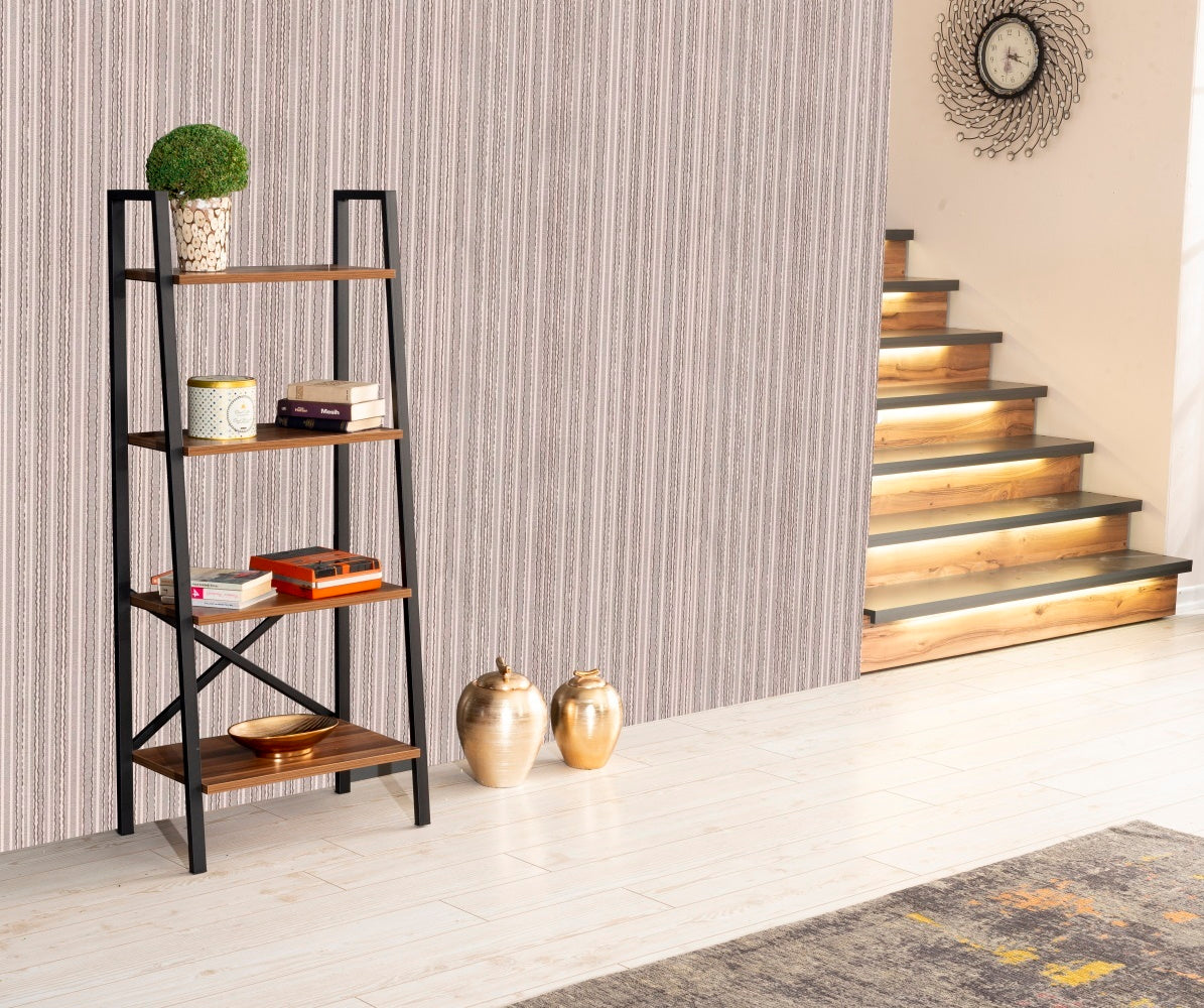 Leon Modern Ladder Bookcase | Walnut - - bookcase metal walnut wood