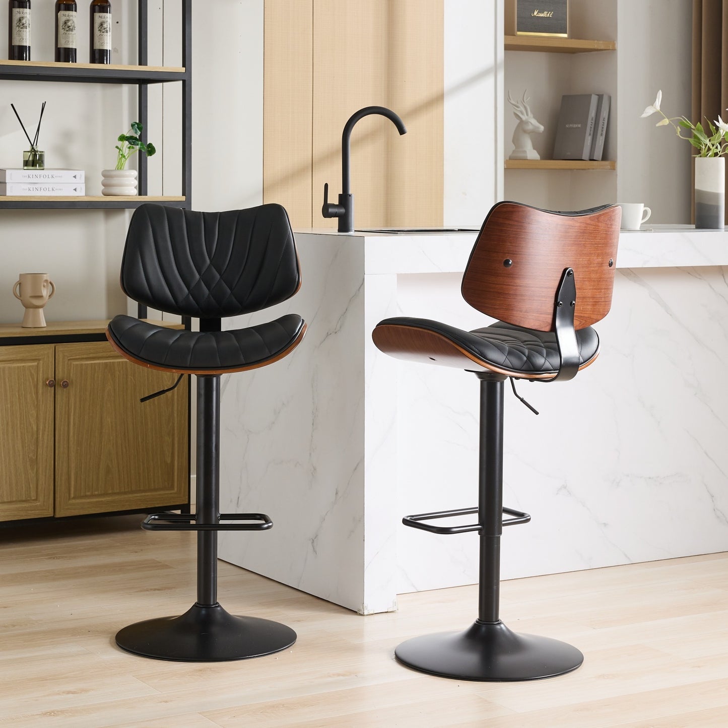 Tibele Mid-Century Swivel Bar Stool | 1 Piece | Black & Walnut - - bar stools