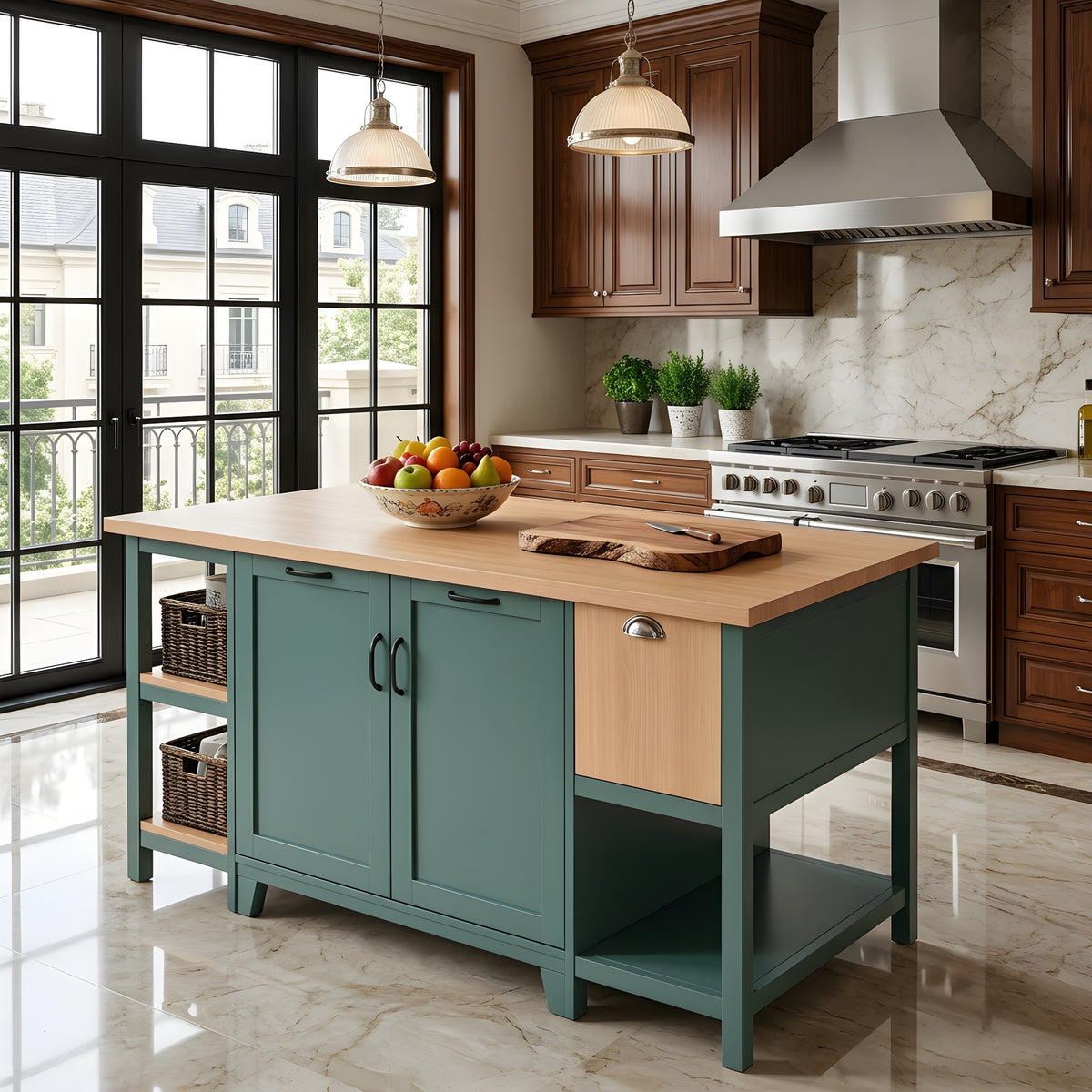 Muted green kitchen island with a pale wood-look countertop, paneled cabinet doors, and open side shelving in a bright kitchen.