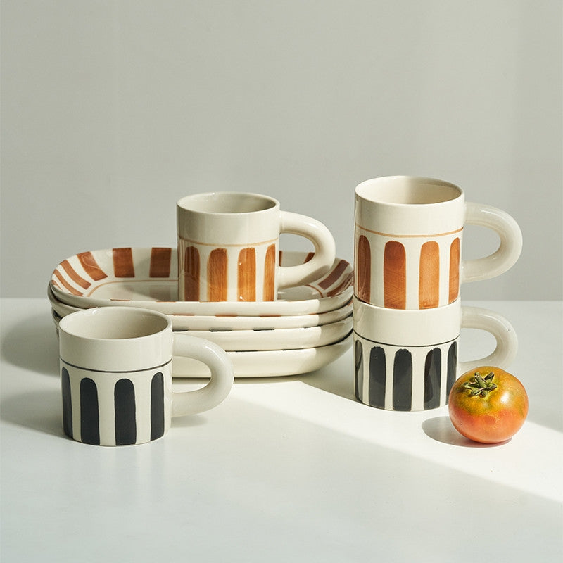 Vintage Hand Painted Ceramic Coffee Cup Saucer Set - - black Ceramic cup Mug orange sets