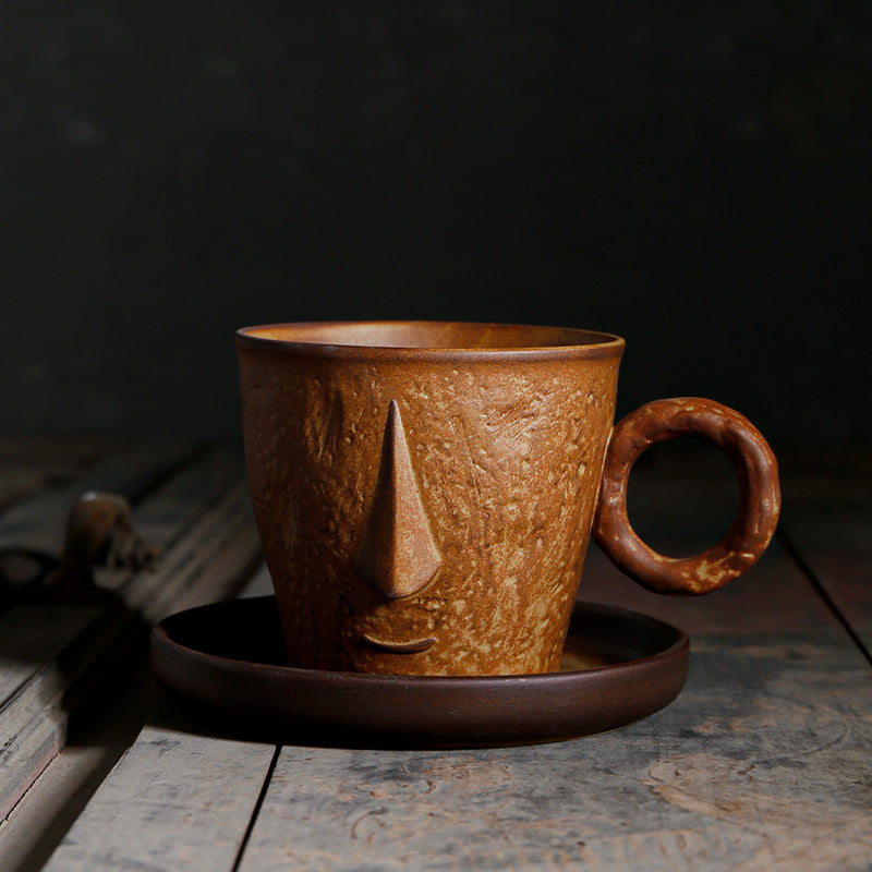 Literary And Creative Handmade Large-capacity Latte Coffee Cup - Brown 310ml - brown Ceramic cup off white