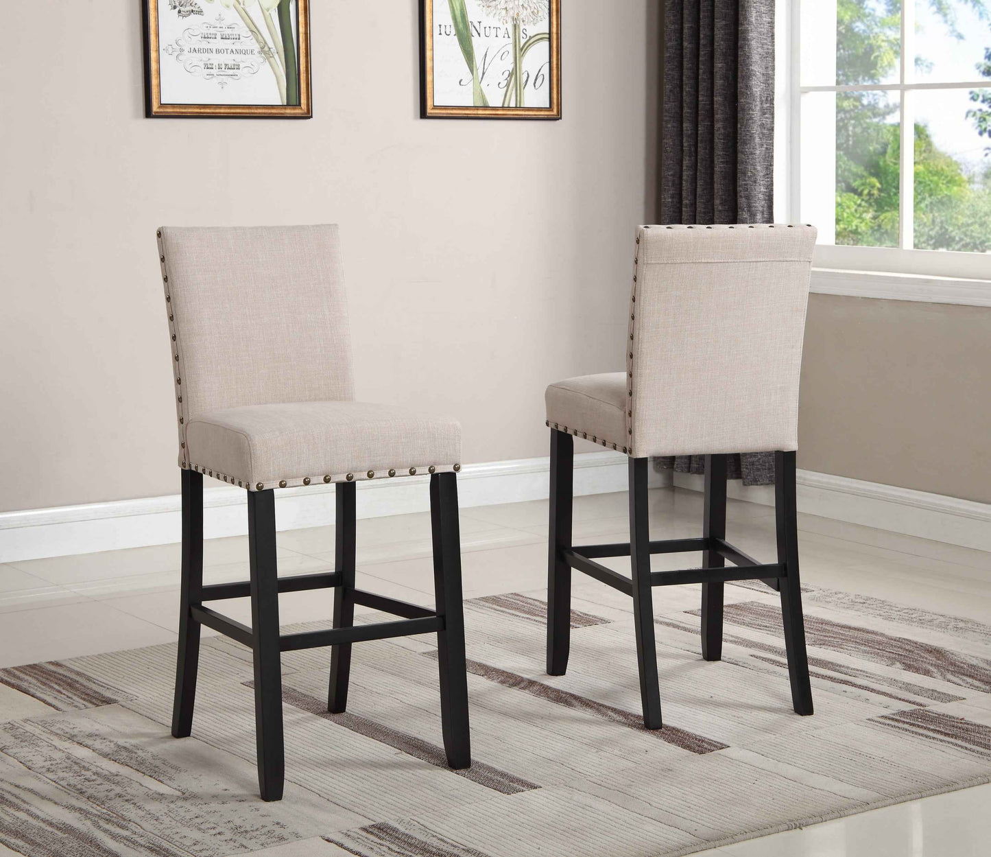 Biony Nailheaded Bar Stools | Set of 2 | Beige & Black - Default - bar stools