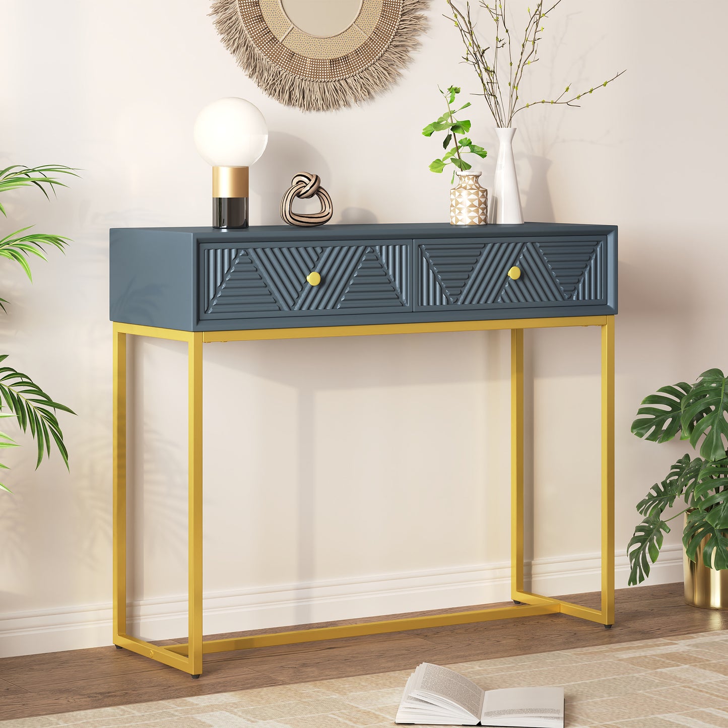 Sarmeli Sleek Console Table | Stripe Design | Grey Teal - Default - tables