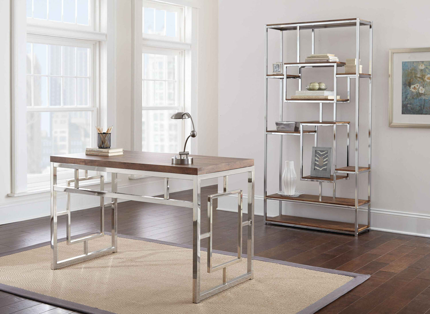 Alize Office Desk | Dark Brown & Chrome - - brown chrome desk office Wood