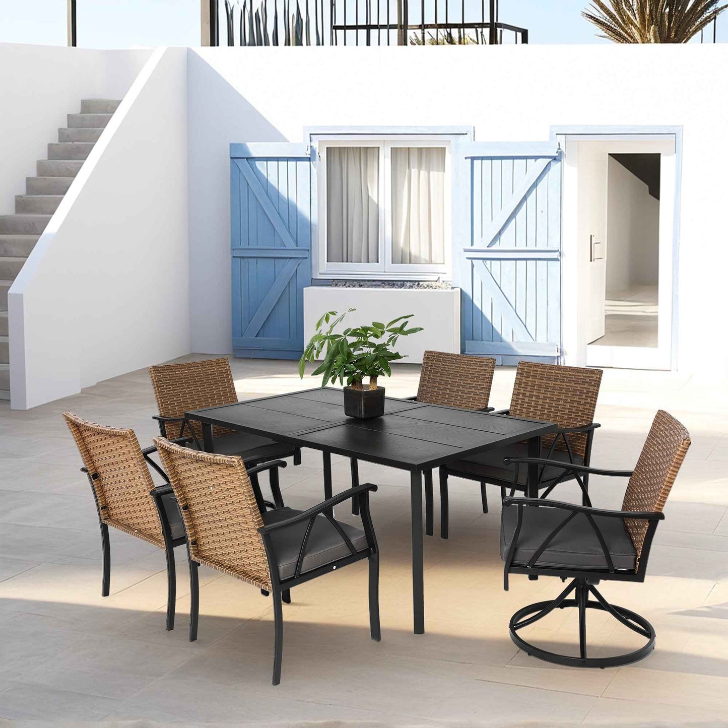 Helder 7-Piece Outdoor Furniture Set | 1 Dining Table - 4 Chairs - 2 Swivel Chairs | Black - Default - garden furnishing