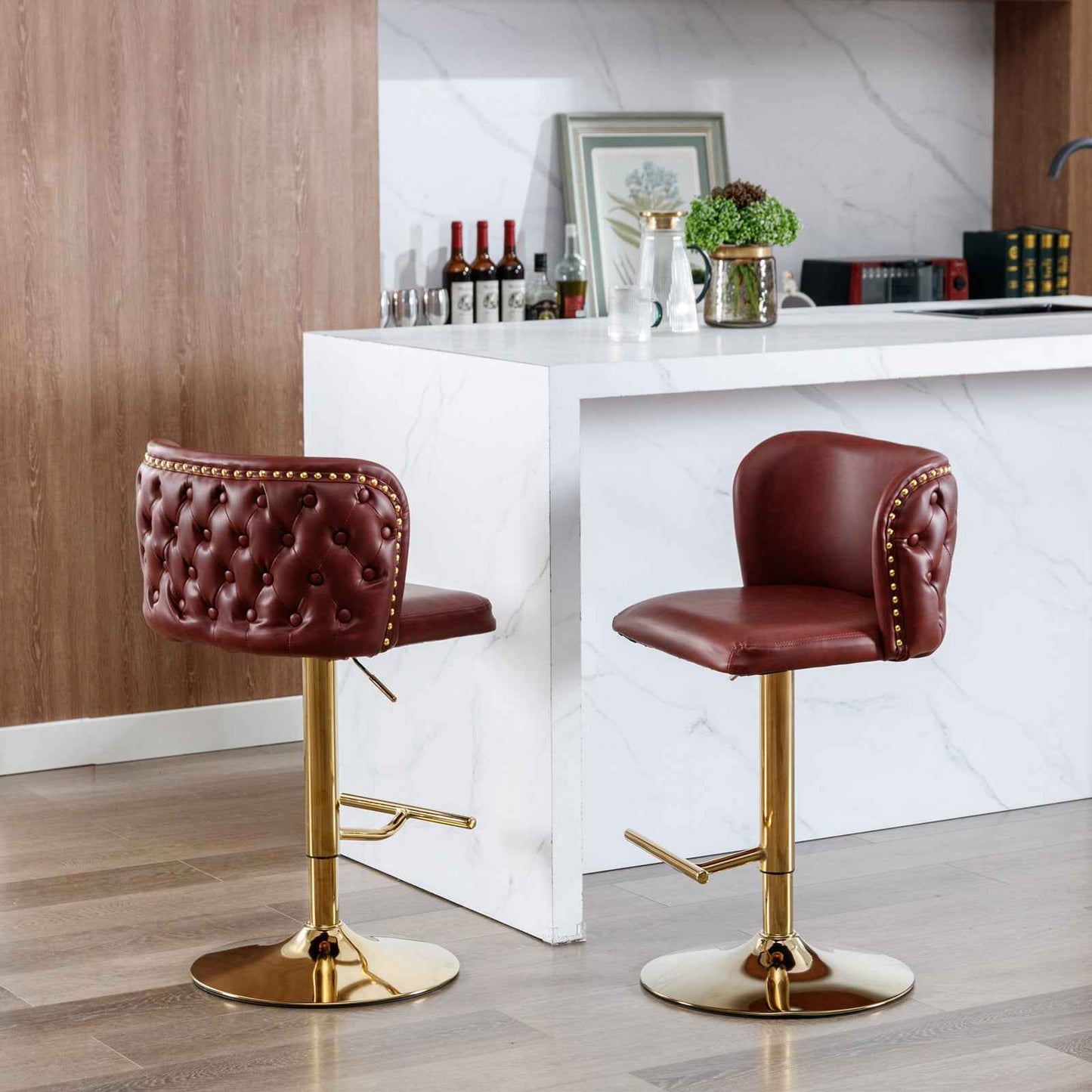Positudo Premium Swivel Bar Stools | Set of 2 | Burgundy & Gold - Default - bar stools