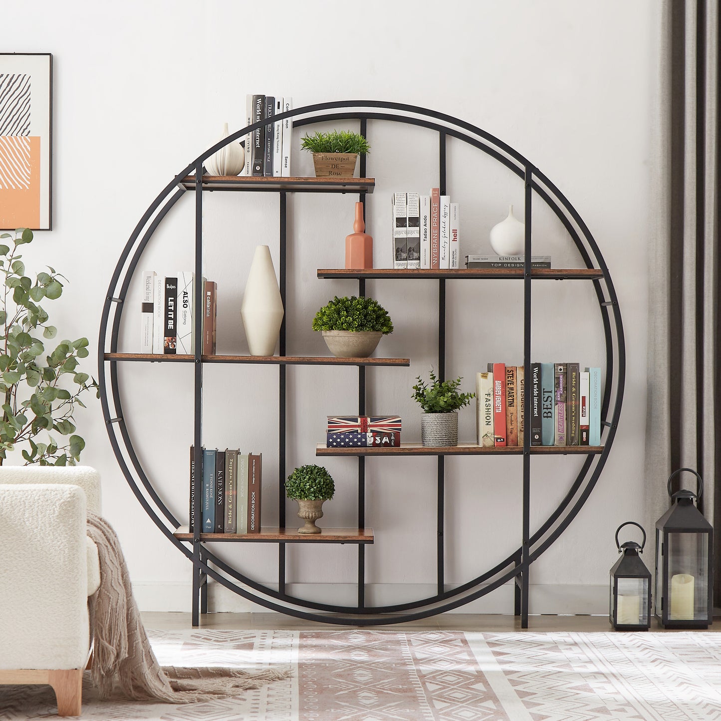 Svestum Unique Industrial Metal Bookcase | Circular Design | Rustic Brown - - black bookcase brown metal wood