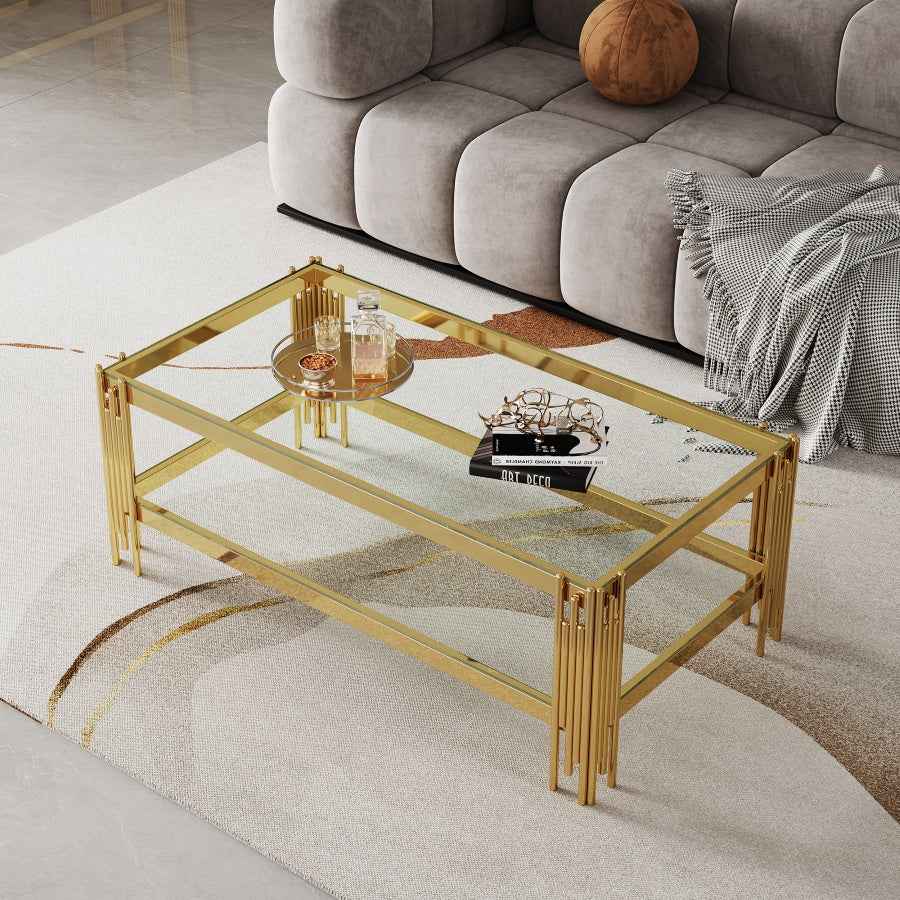 Ephothi Double Layer Tempered Glass Coffee Table | Stainless Steel Frame | Golden - Default - tables