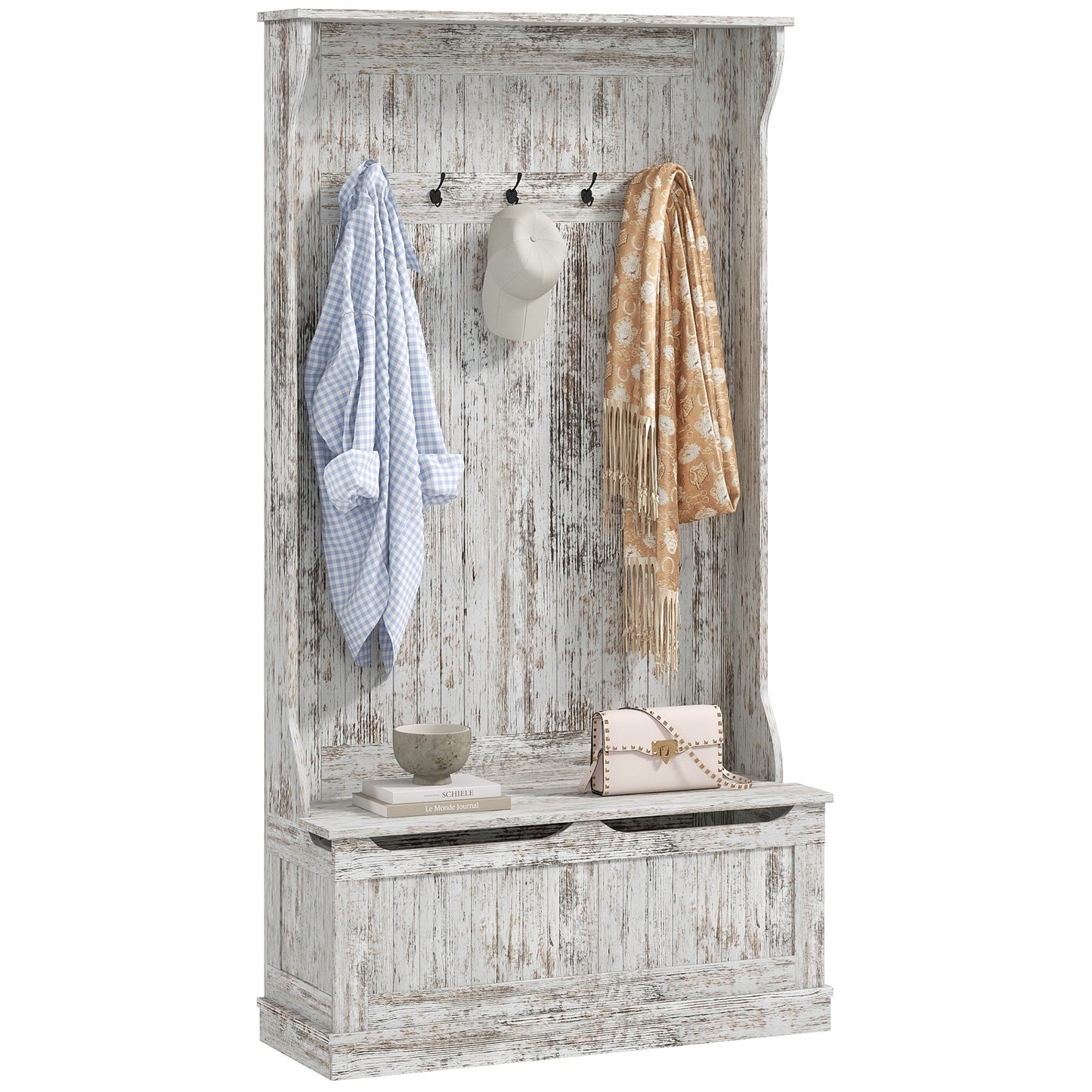 Keiffe Farmhouse 3-In-1 Hall Tree | Distressed White - - coat rack white wood