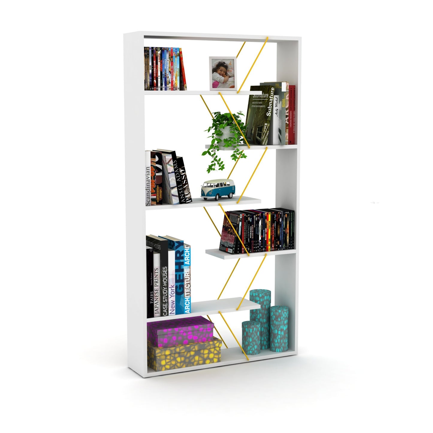 Ratay Modern Bookcase | White & Gold - - bookcase gold white wood