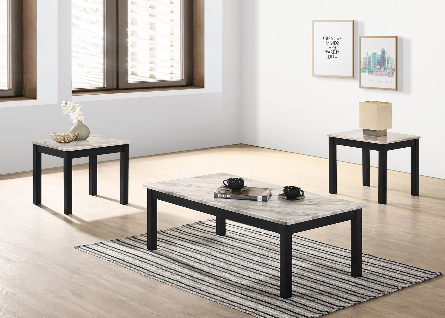 Plurrah Faux Marble Table Set | 1x Coffee Table & 2x End Tables | Beige & Black - Default - tables
