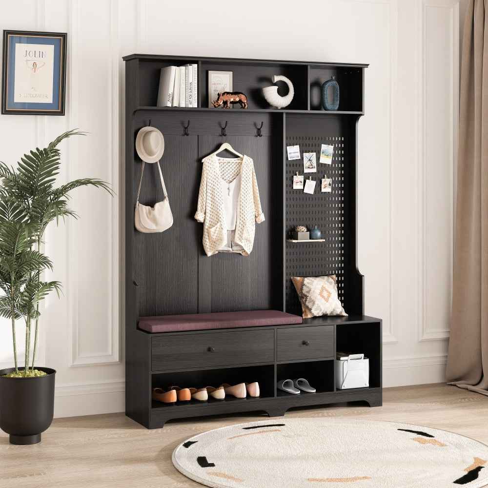 Gerun Hall Tree | Bench & Multiple Storage Spaces | Black - - black coat rack wood