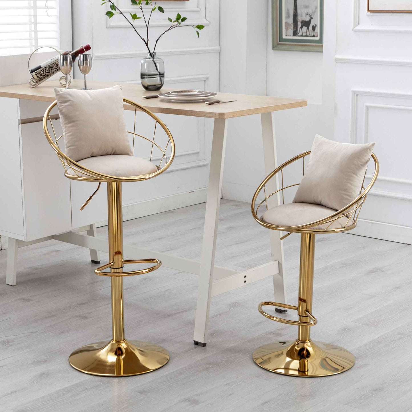 Celmane Glam Swivel Bar Stools | Set of 2 | Gold & Off-White Velvet - Default - bar stools