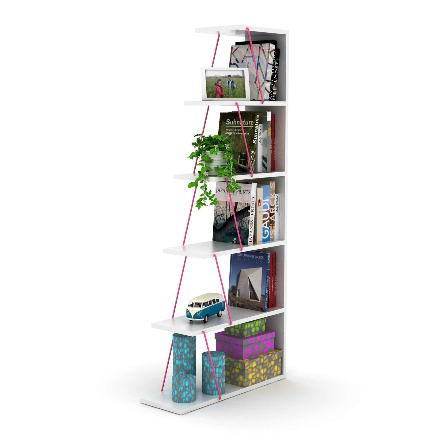 Dethamo Modern 5-Tier Ladder Bookshelf Organizer | White & Pink - - bookcase white wood