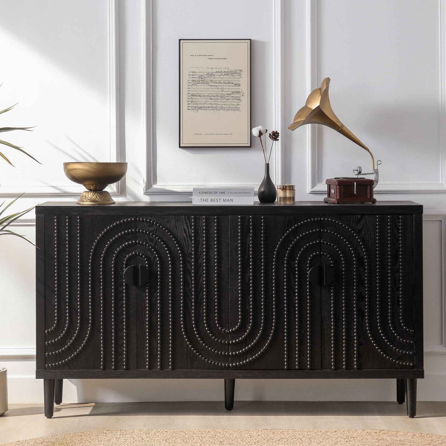 Distulor Wooden Storage Cabinet | Embossed Wavy Texture | Black - - black cabinet wood