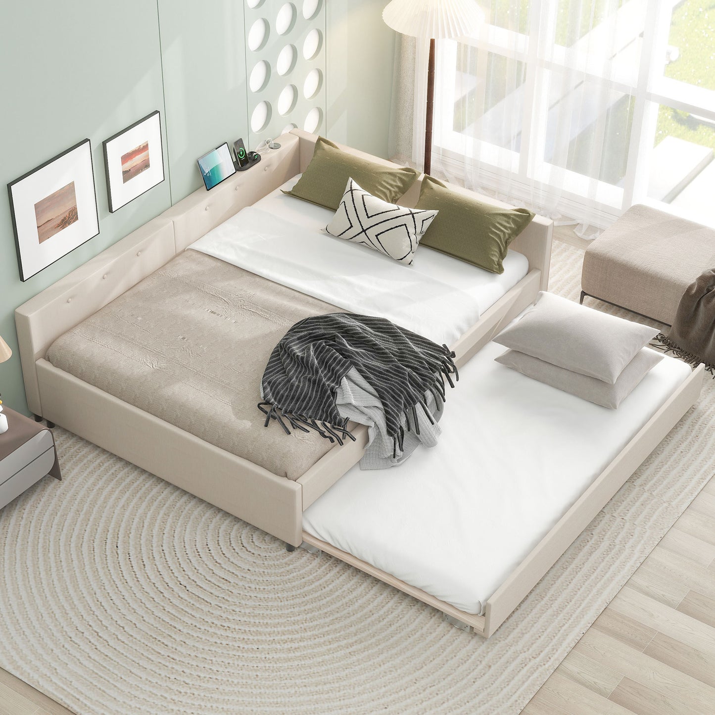 Mosus Queen Size Bed | Twin Size Trundle | Beige - Default - beds