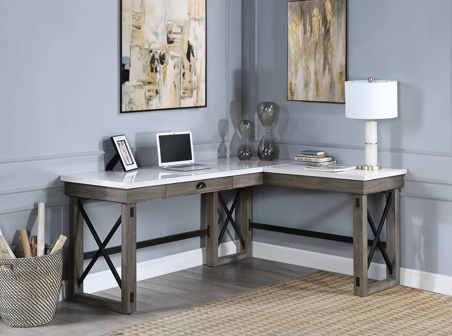 Talmar L-Shaped Industrial Desk | White Marble & Weathered Gray - - desk grey Marble office white
