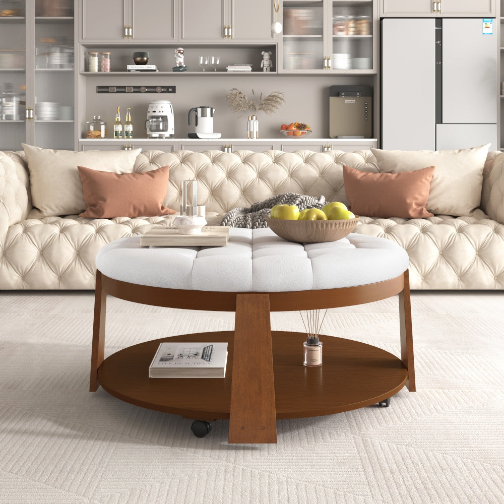 Jectiona Large Round Ottoman-Coffee Table | White & Walnut - Default - tables