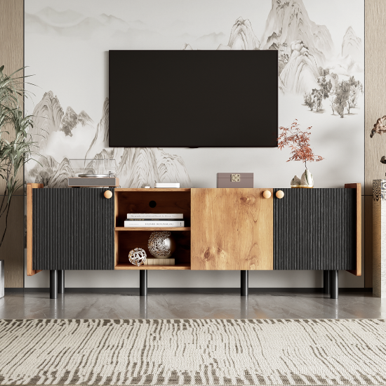 Neesim Mid-Century Media Console Table | Brown Top & Black - Default - tv console