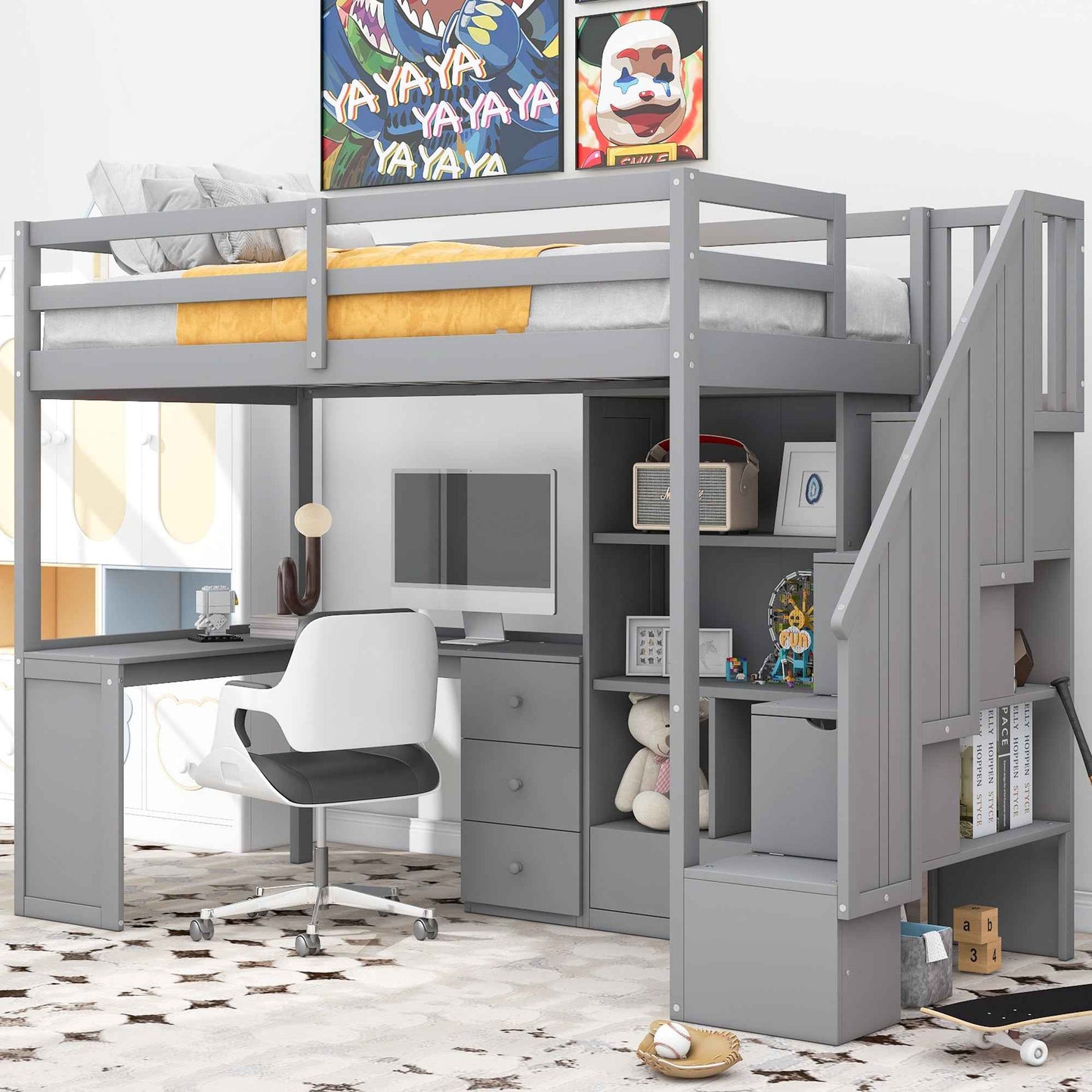 Gradien Twin Size Loft Bed | L-Shaped Desk | Gray - Default - beds