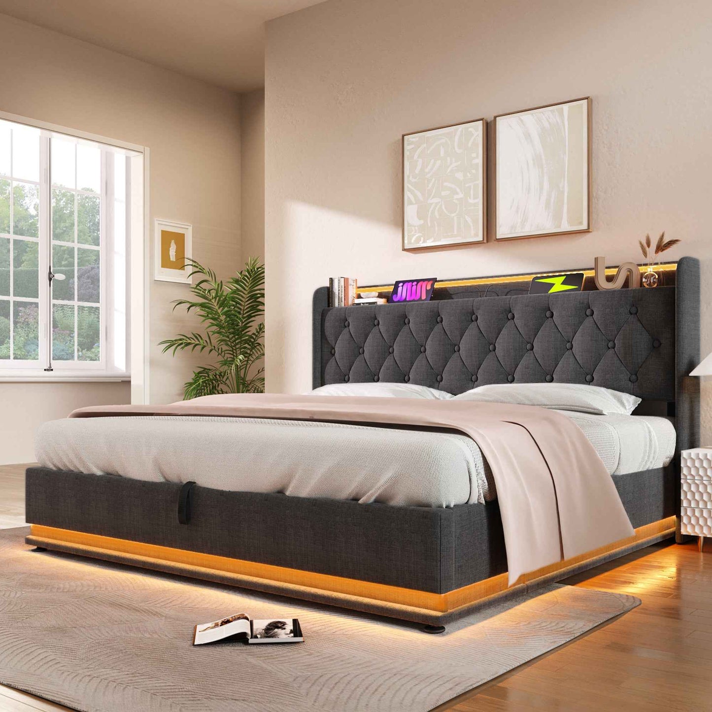Balviso Queen size Bed | 360 LED Function | Gray Linen - Default - beds