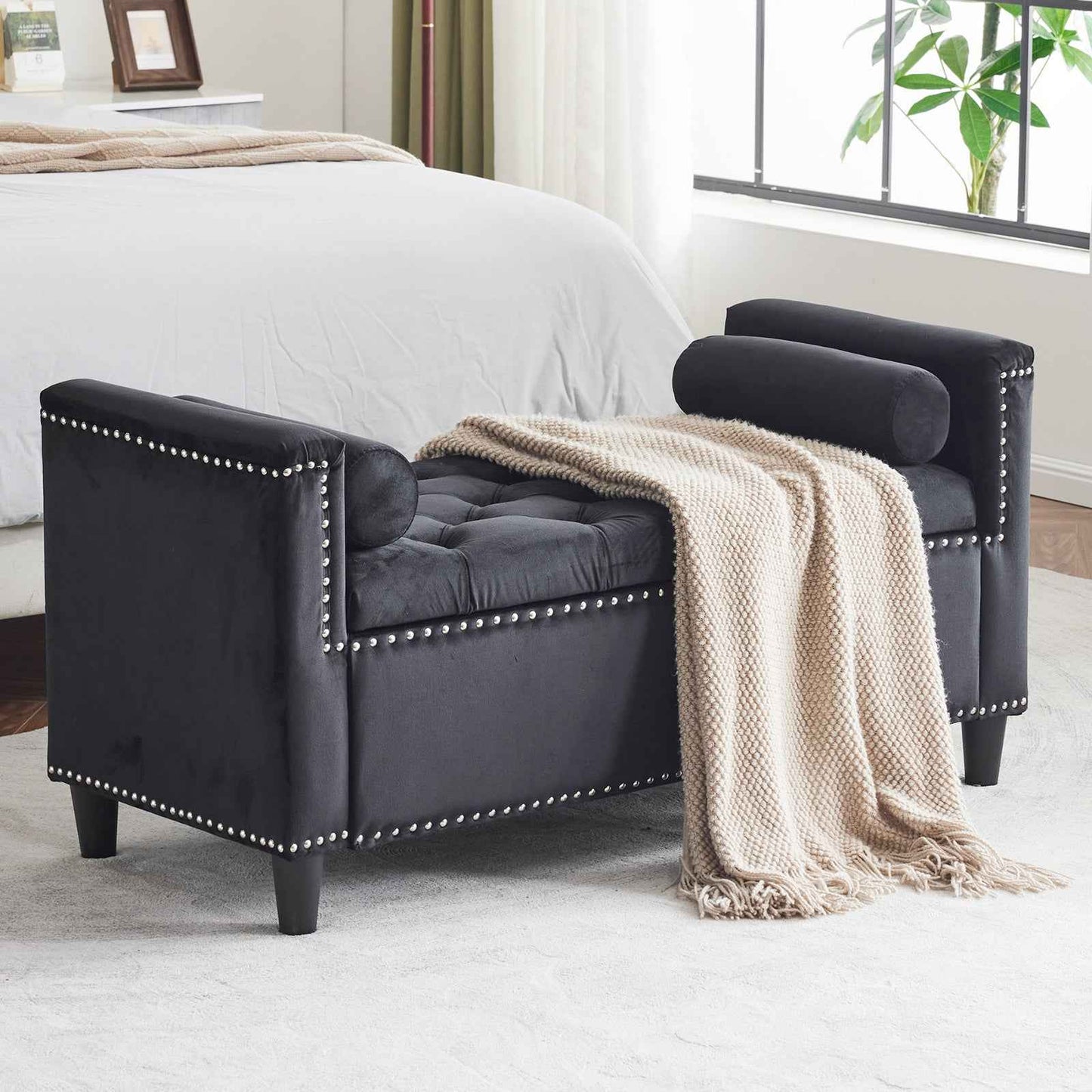 Bormok Queen Velvet Storage Bench | Black - - bench black